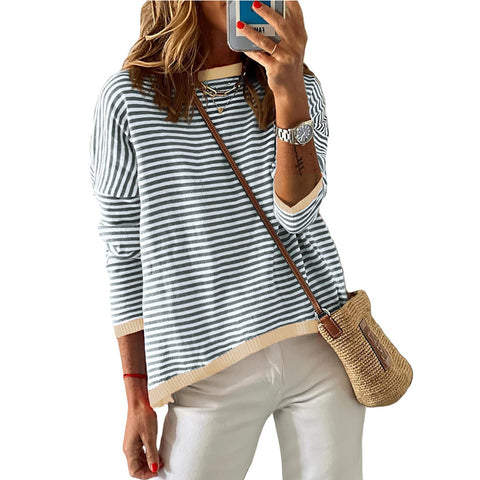 Crew neck striped contrasting color long-sleeved casual sweater m300958