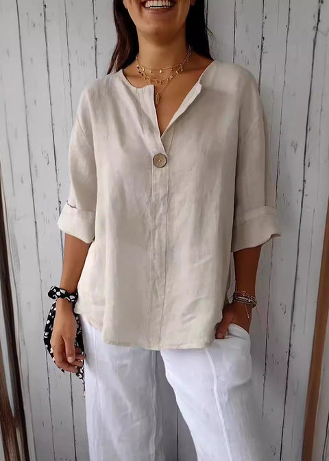Loose T-shirt Women's V-neck cotton and linen button-up top m300385