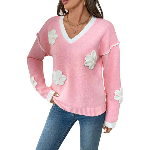 Pull rose à manches longues et col en V pour femme M300795 