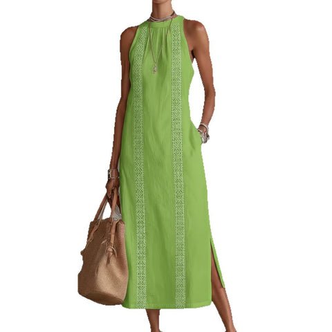 Women's clothing neck holiday solid color lace splicing sleeveless dress m302923