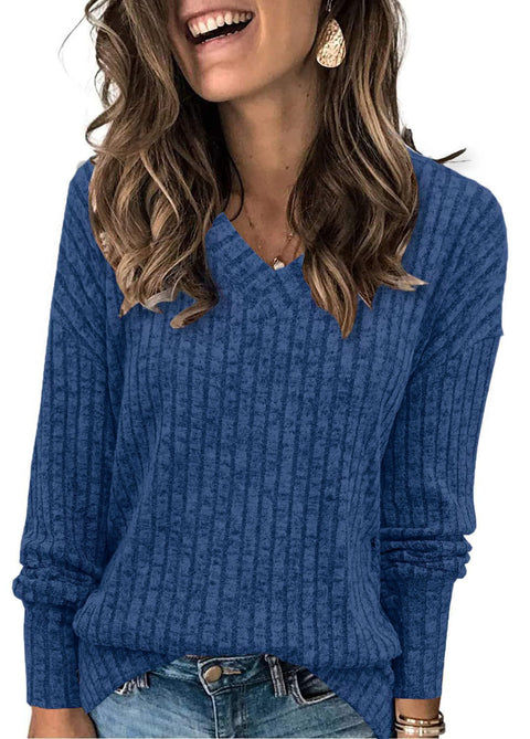 Women's long-sleeved V-neck pit strip polished knitted top T-shirt m302092
