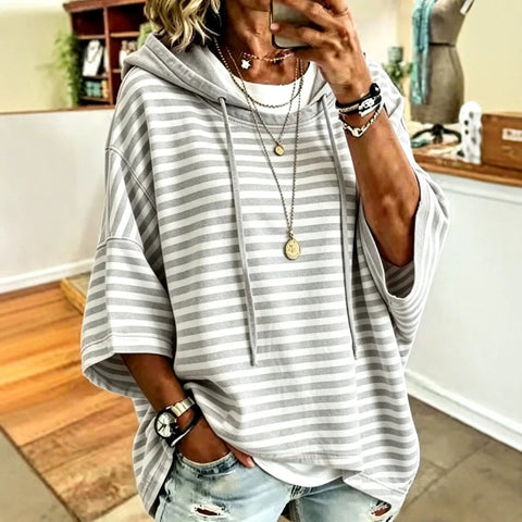 Women's new loose casual striped hooded seven-quarter-sleeved sweater pullover hoodie m302998