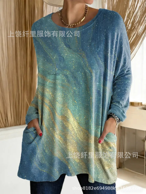 3D printed women's new medium and long pocket round neck pullover fashion T-shirt m303192