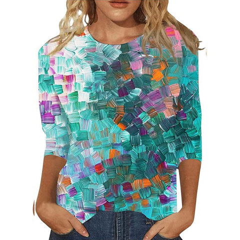 Pull ras du cou à manches sept-quarts et imprimé 3D de fleurs et de plantes m300615 