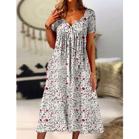 Bedrucktes Kurzarmkleid mit V-Ausschnitt, Knöpfen, Damentaschen und langem Rock m300028 