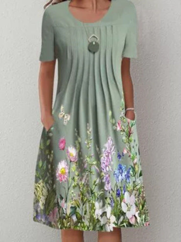 Frühling/Sommer Blumendruck Rundhalsausschnitt Tasche Mittellanges Kleid m300905 