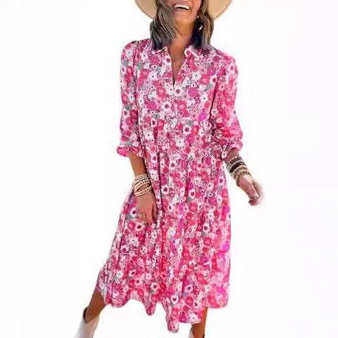 Lockeres, langärmliges, V-Ausschnitt-Kleid für Damen im Bohemian-Stil mit Blumenmuster und eleganter A-Form m300573 
