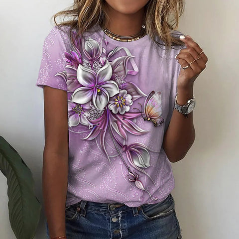 T-shirt femme imprimé fleurs rose bleu vert manches courtes m300912 