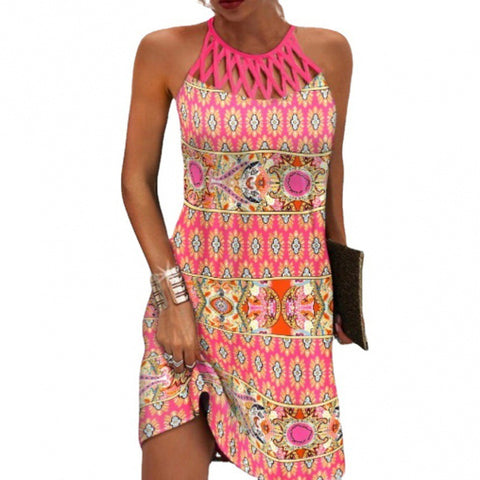 Robe imprimée sans manches à col rond et col ajouré, coupe ajustée, dos nu, M300192 