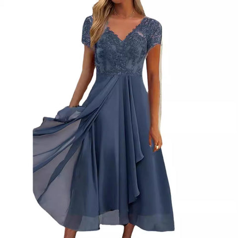 Chiffon-Spleißen V-Ausschnitt Spitze Hohlkleid m301252 