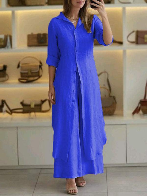 Elegantes Set aus eng anliegendem Langarmhemd und Hose aus Baumwolle und Leinen mit weitem Bein, m301063 