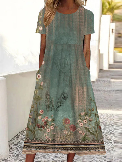 Sommer neues Damen-Swing-Kleid mit mittlerer Taille und lässigem Rundhalsausschnitt und Print m300040 