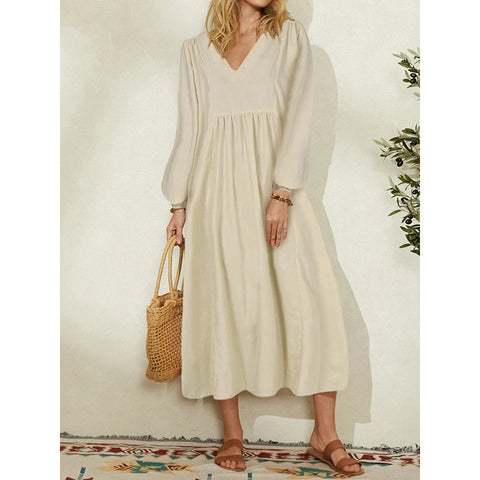 Lockeres Damenkleid aus Baumwolle und Leinen mit Laternenärmeln m301242 