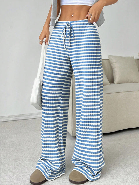 New casual striped solid color rubber band pull rope cotton straight pants m301650