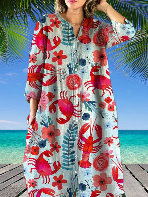Robe chemise ample à col ras du cou et manches longues pour femme, imprimée, de qualité supérieure, m301050