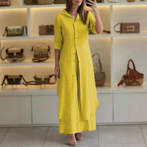 Elegantes Set aus eng anliegendem Langarmhemd und Hose aus Baumwolle und Leinen mit weitem Bein, m301063 