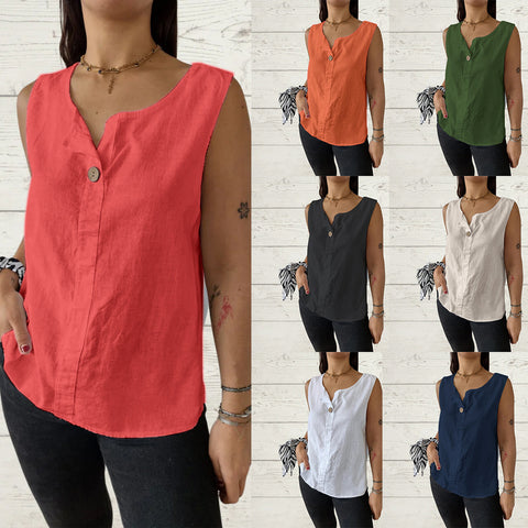 Lockeres Weste-Shirt Damen V-Ausschnitt Baumwolle und Leinen Button-Up Top Damen m301206 