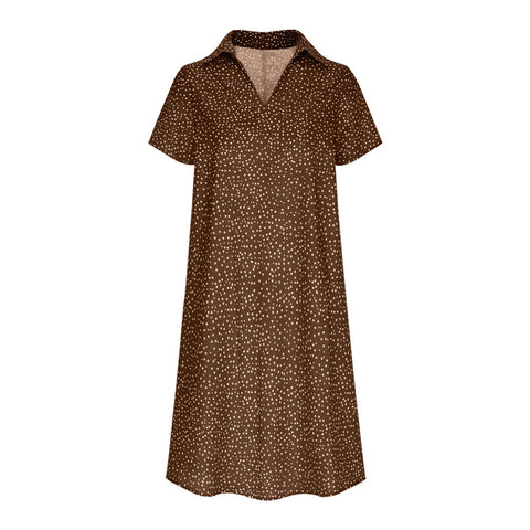 Langes Kleid, lässig, locker, V-Ausschnitt, bedruckt, gepunktet, Hemdkleid, m300919 