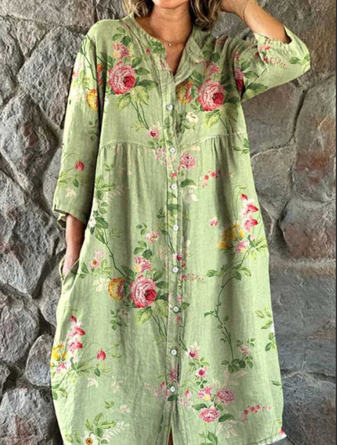 Lockeres Damen-Hemdkleid mit Rundhalsausschnitt, modisch, Premium, langärmlig, bedruckt, m301050