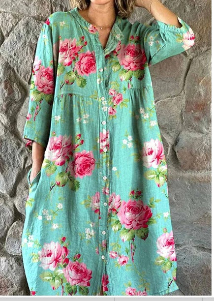 Lockeres Damen-Hemdkleid mit Rundhalsausschnitt, modisch, Premium, langärmlig, bedruckt, m301050