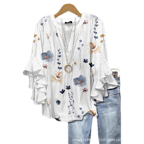 Kreativer Digitaldruck mit Blumenelementdruck, lässiger Trend, V-Ausschnitt, Lotuskante, T-Shirt m301352 