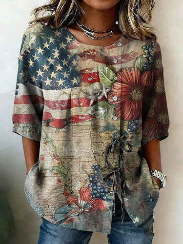 Color matching loose blouse five-button drawstring shirt m302758