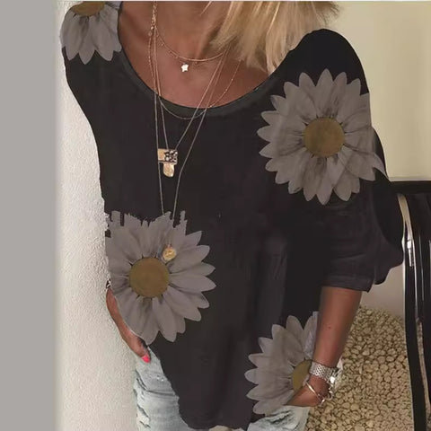 T-Shirt mit Rundhalsausschnitt und 7/4-Ärmeln und Chrysanthemen-Print für Damen m300893 