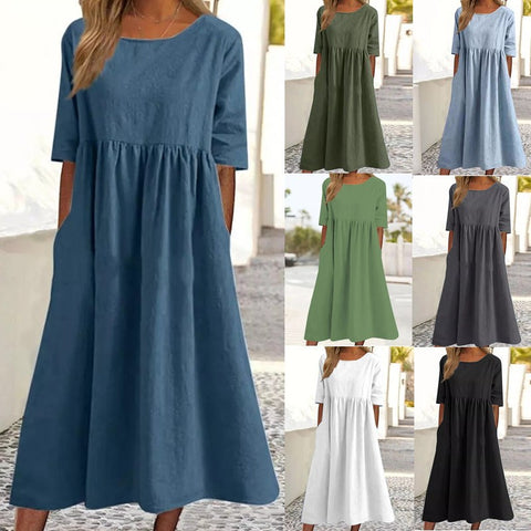 Neues lässiges Kurzarmkleid aus Baumwolle und Leinen mit Falten und Rundhalsausschnitt, m300890 