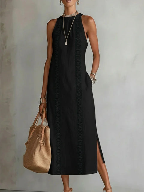 Women's clothing neck holiday solid color lace splicing sleeveless dress m302923