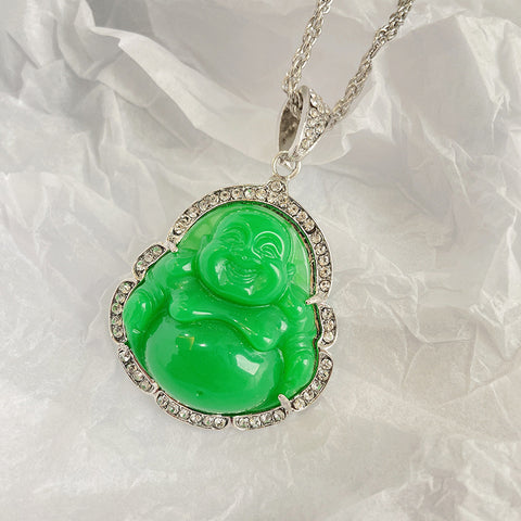 Diamantbesetzter Maitreya-Buddha-Anhänger im chinesischen Stil aus malaiischem Chalcedon, großer bauchiger Maitreya-Buddha-Anhänger m3331257
