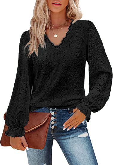 Chemise décontractée à col en V et manches plissées, automne m300647