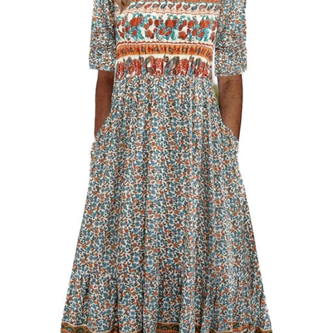 Women's Crew Neck Short Sleeve Long Dress Bohemian Dress m302895