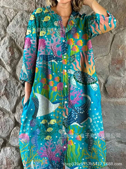 Lockeres Damen-Hemdkleid mit Rundhalsausschnitt, modisch, Premium, langärmlig, bedruckt, m301050