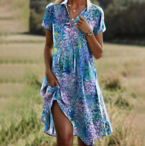 Langes Kleid mit Rundhalsausschnitt und kurzen Ärmeln, Bohemian-Print, m300908 