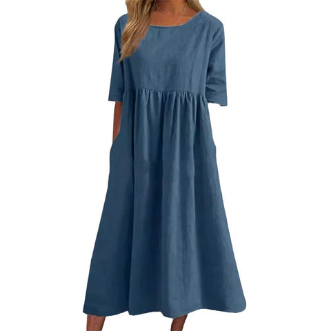 Neues lässiges Kurzarmkleid aus Baumwolle und Leinen mit Falten und Rundhalsausschnitt, m300890 