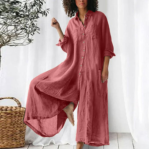 Long-sleeved medium and long cotton and linen shirt jumpsuit women's m302949
