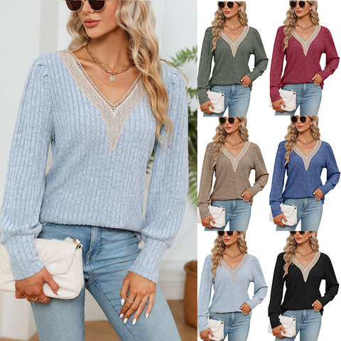 Damen V-Ausschnitt Spitze lose Grube Streifen poliert lose Langarm-T-Shirt m300519 