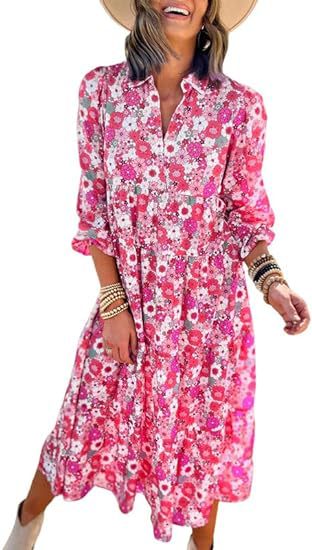 Lockeres, langärmliges, V-Ausschnitt-Kleid für Damen im Bohemian-Stil mit Blumenmuster und eleganter A-Form m300573 