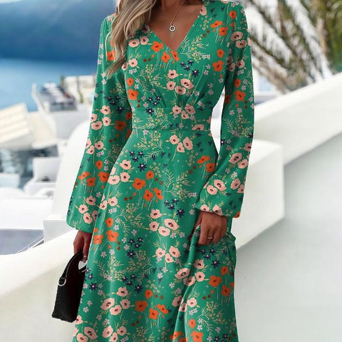 Modisches Printkleid mit V-Ausschnitt und langen Ärmeln, m300931 
