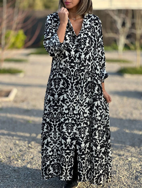 Elegant square neck long sleeve printed shirt skirt dress m302321