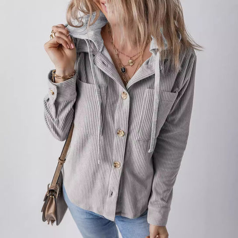 Cardigan à revers avec boucle, sac à main, capuche, corde de traction, veste rayée pour femme m301008 
