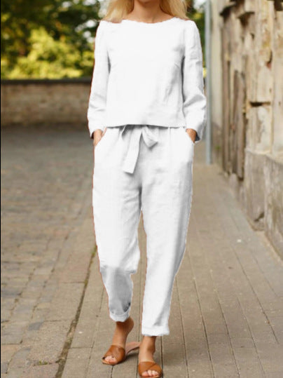 Linen suit women's fashion solid color casual two-piece set m300052
