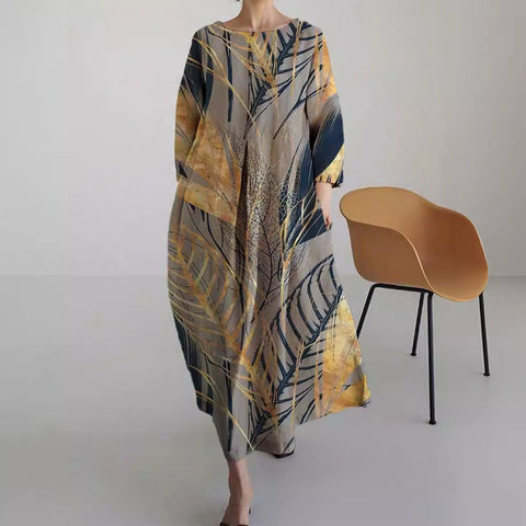 Robe ample à col ras du cou et manches longues imprimée haut de gamme m301044