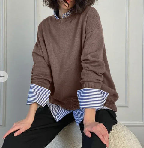Women's knitted sweater crew neck solid color loose sweater m300667