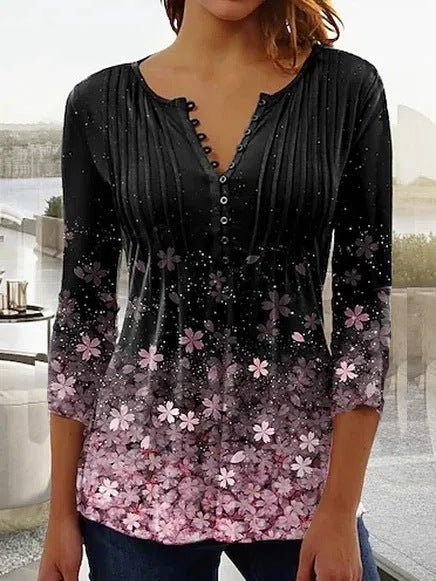 Bedrucktes T-Shirt mit V-Ausschnitt und kurzen Ärmeln, Plissee-Knopfleiste, Unterhemd m300032 