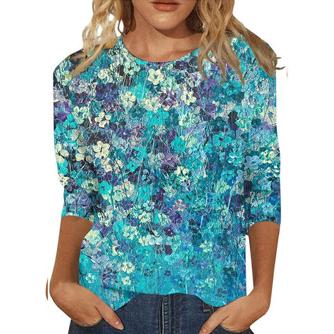 Pull ras du cou à manches sept-quarts et imprimé 3D de fleurs et de plantes m300615 