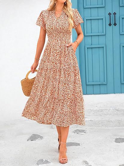 Robe plissée à col en V et manches courtes imprimée m300104 