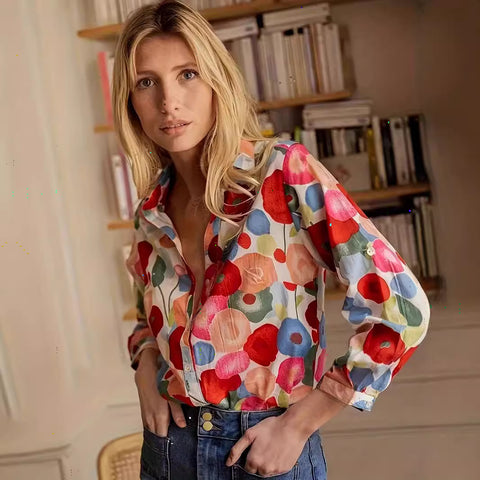 Digital printing women's fashion long-sleeved shirt new hot-selling floral top gorgeous m301604