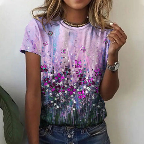 T-shirt femme imprimé fleurs rose bleu vert manches courtes m300912 
