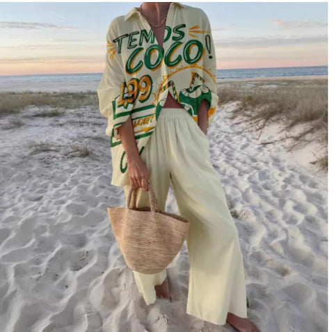 Linglong hemp fish shading casual suit loose sports wide-leg pants marine element casual shirt m303169